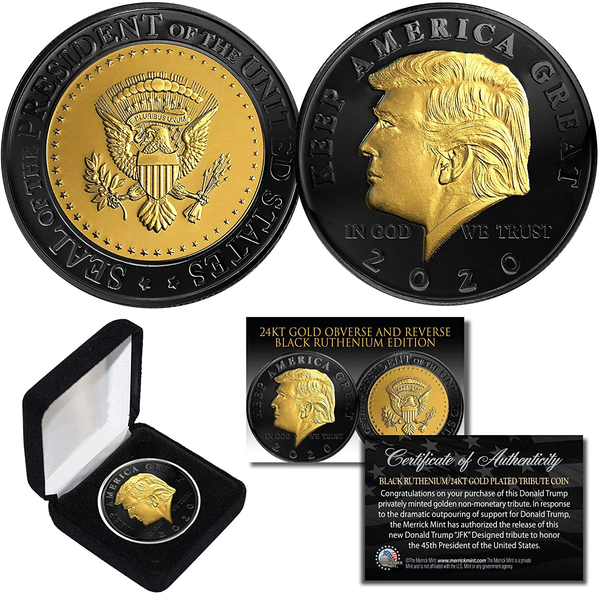 Donald Trump '20 Keep America Great Black Ruthenium 24K Gold Medallion Coin wBOX