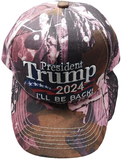 President Trump 2024 I'll Be Back! Pink All Over Real Tree Camouflage Camo Adjustable Embroidered Cotton Polyester Blend Hat Cap