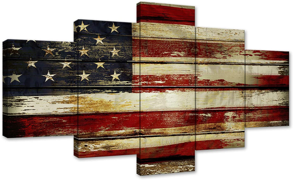 Vintage Wooden Style American Flag Independence Day Canvas Wall Art Painting 5 Panel Modern Posters and Prints Pictures for Living Room, Home Decor USA Flag Framed Ready to Hang