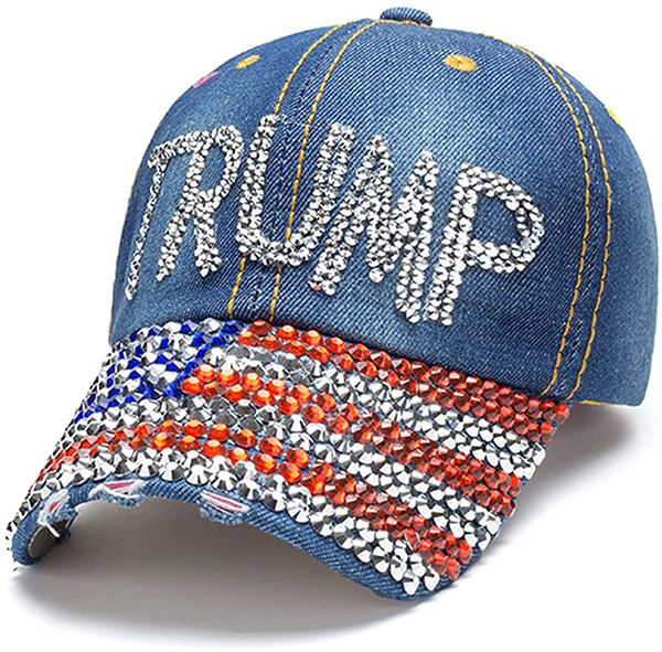 Gamusi Trump 2024 Baseball Cap Denim Distressed Bling Rhinestone Hat USA Flag Cap Adjustable Unisex